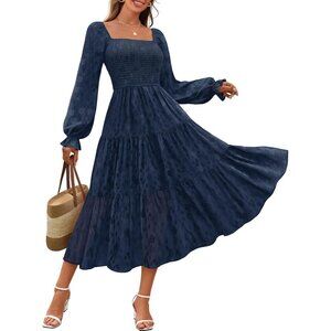 Women's Floral Midi Dress Long Sleeve Smocked Ruffle Pockets for Wedding